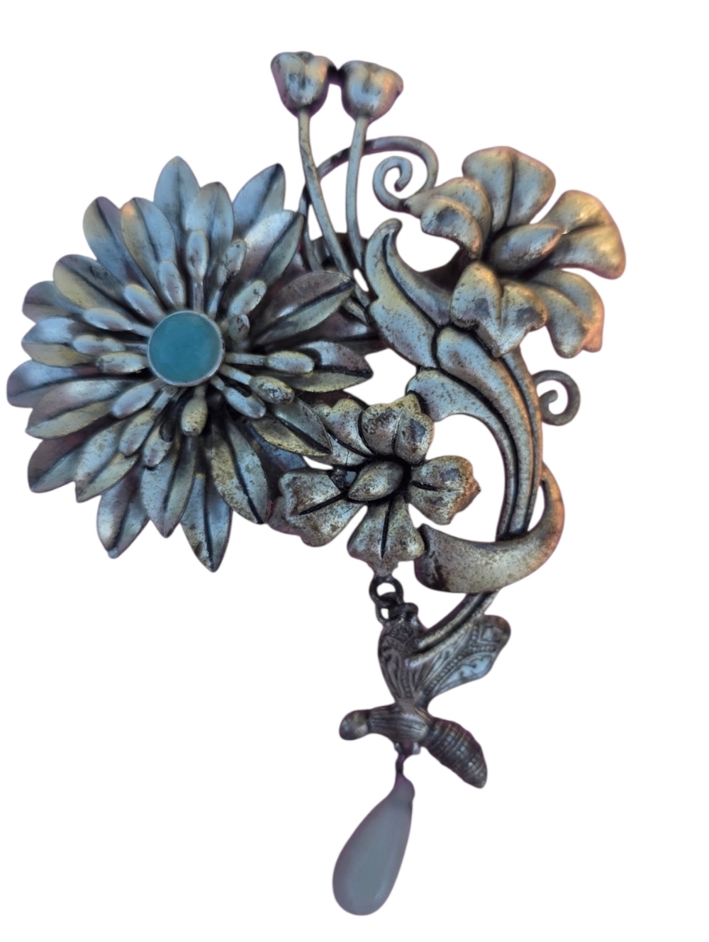 LRG Flowers W Dragonfly & Dangling Flower Petal Brooch